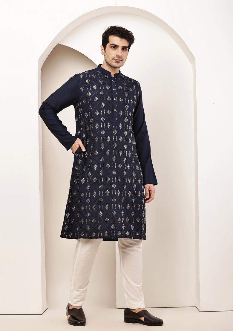 Navy Blue Embroidery Viscose Kurta Set - Indya