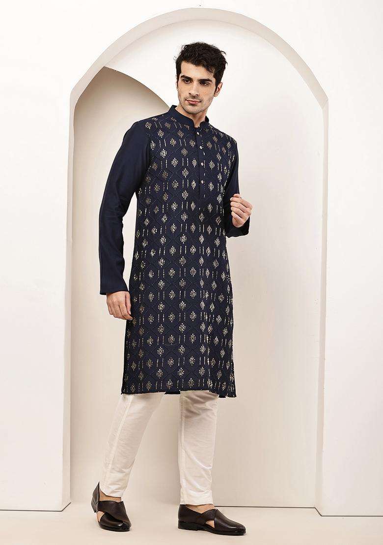 Navy Blue Printed Viscose Kurta - Indya