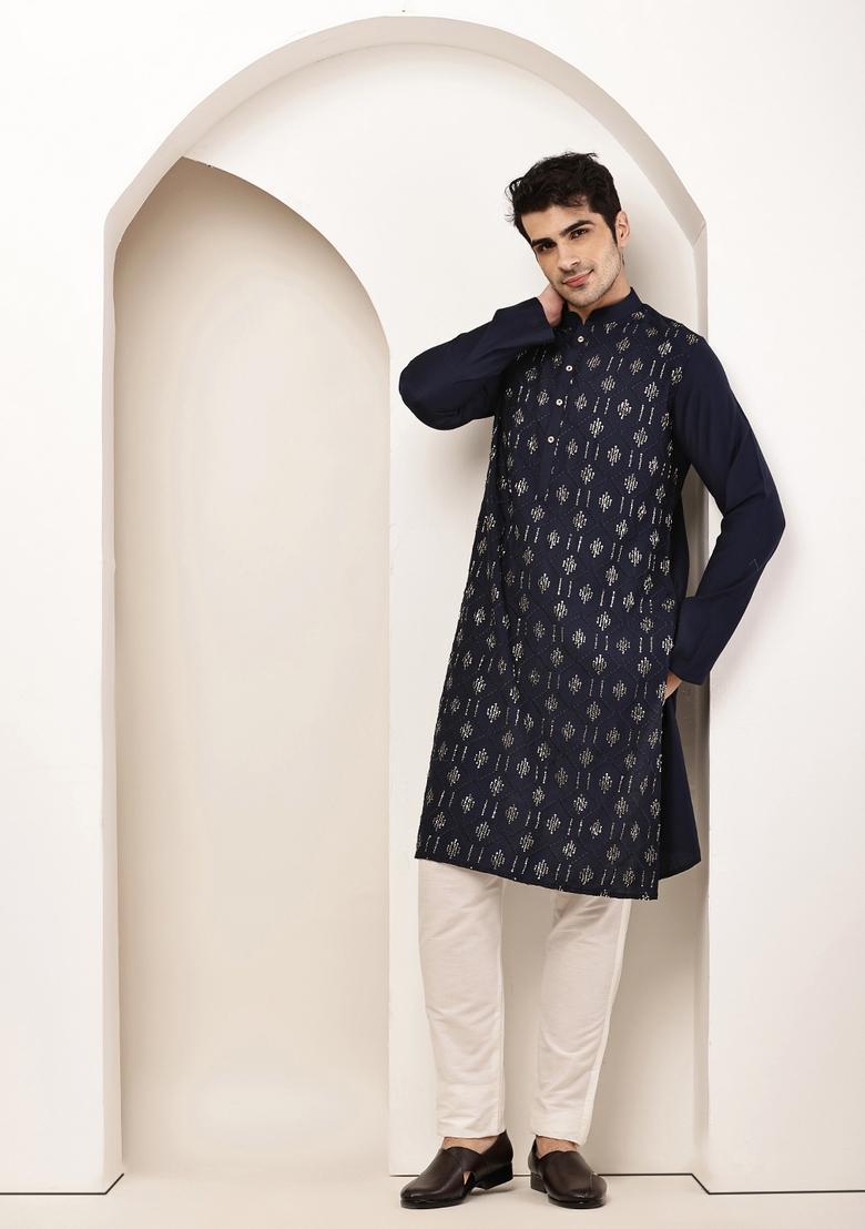 Navy Blue Embroidery Viscose Kurta Set - Indya