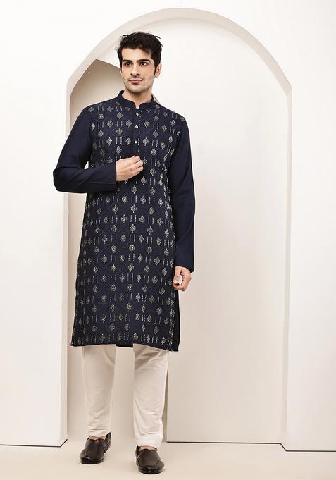Navy Blue Embroidery Viscose Kurta Set
