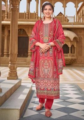 Deep Coral Mirror Work Muslin Kurta Set