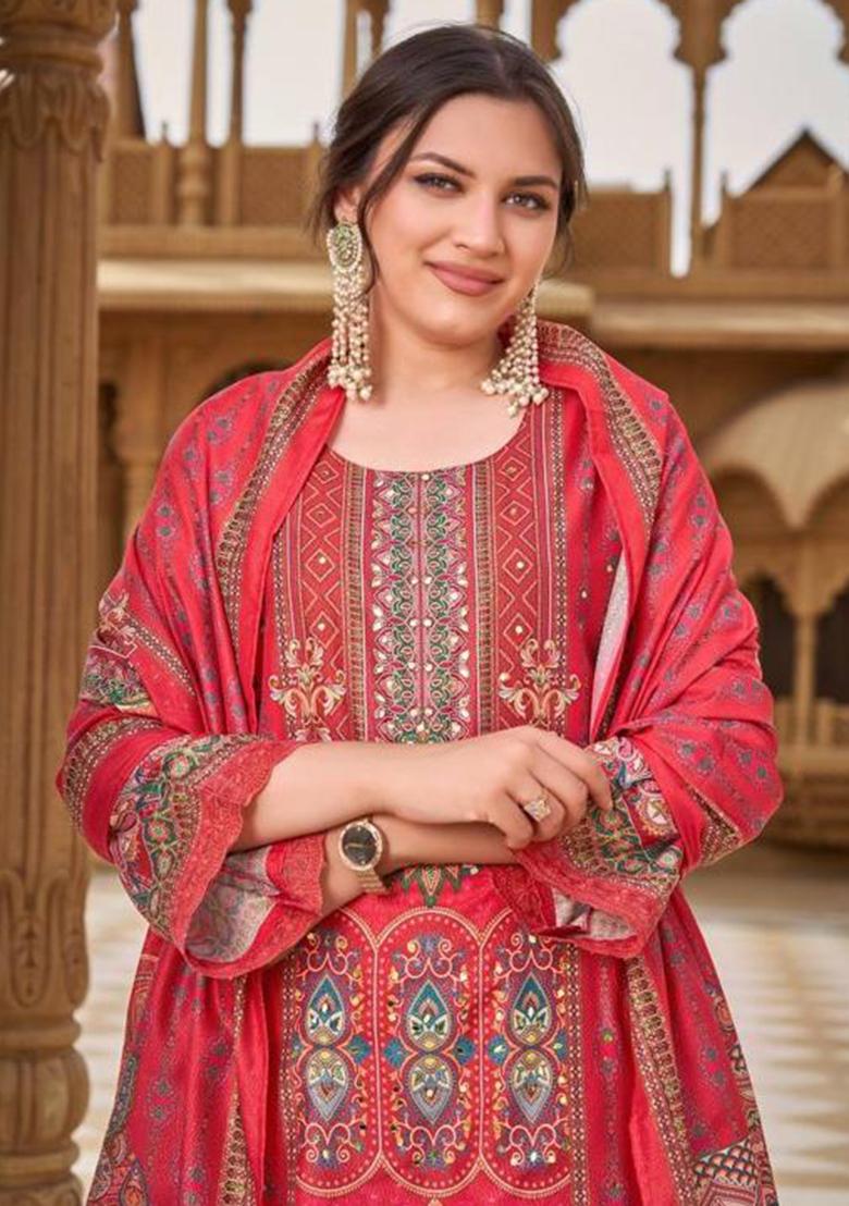 Deep Coral Mirror Work Muslin Kurta Set - Indya