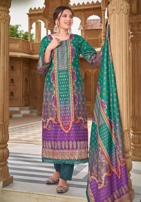 Teal Green Mirror Work Muslin Kurta Set