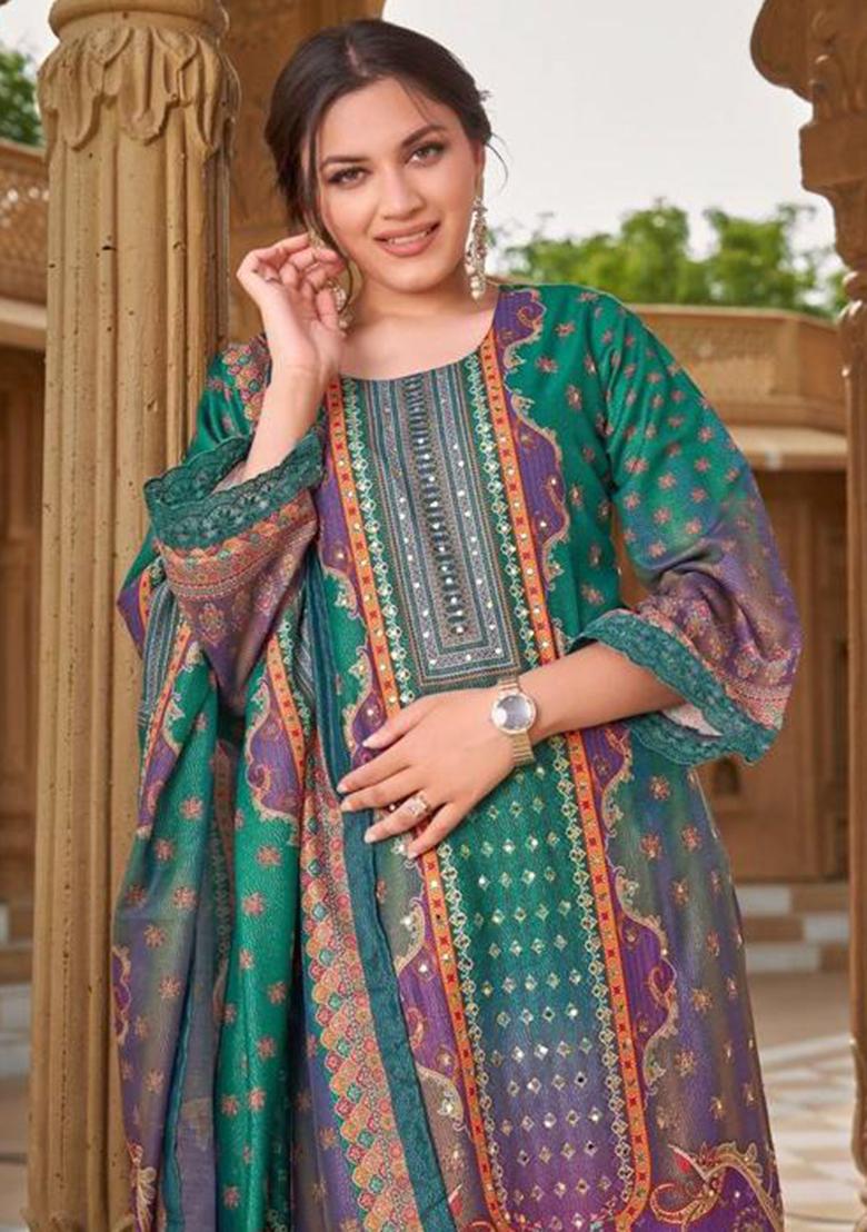 Teal Green Mirror Work Muslin Kurta Set - Indya