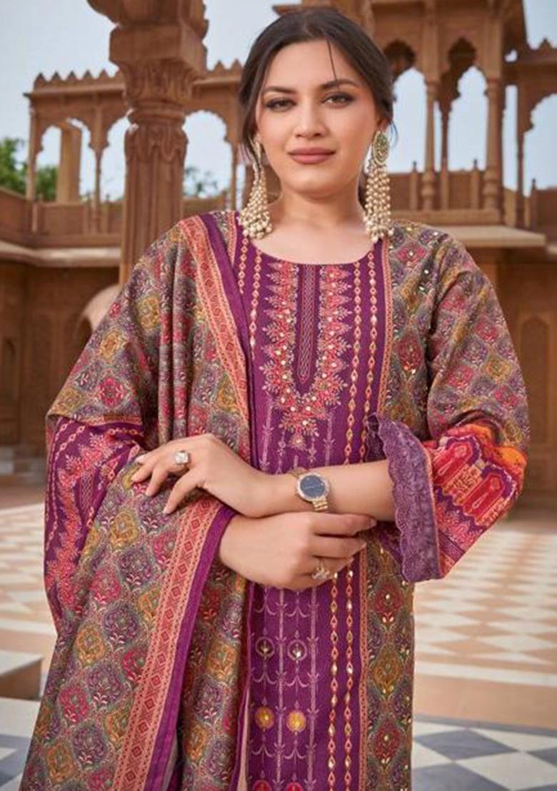 Wine Mirror Work Muslin Kurta Set - Indya