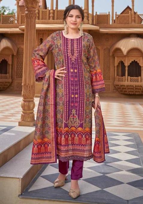 Wine Mirror Work Muslin Kurta Set