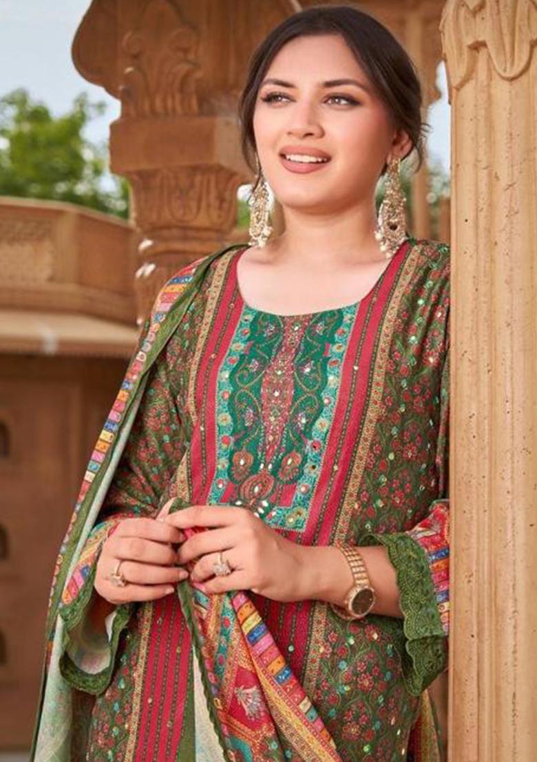 Mehendi Green Mirror Work Muslin Kurta Set - Indya