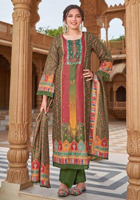 Mehendi Green Mirror Work Muslin Kurta Set