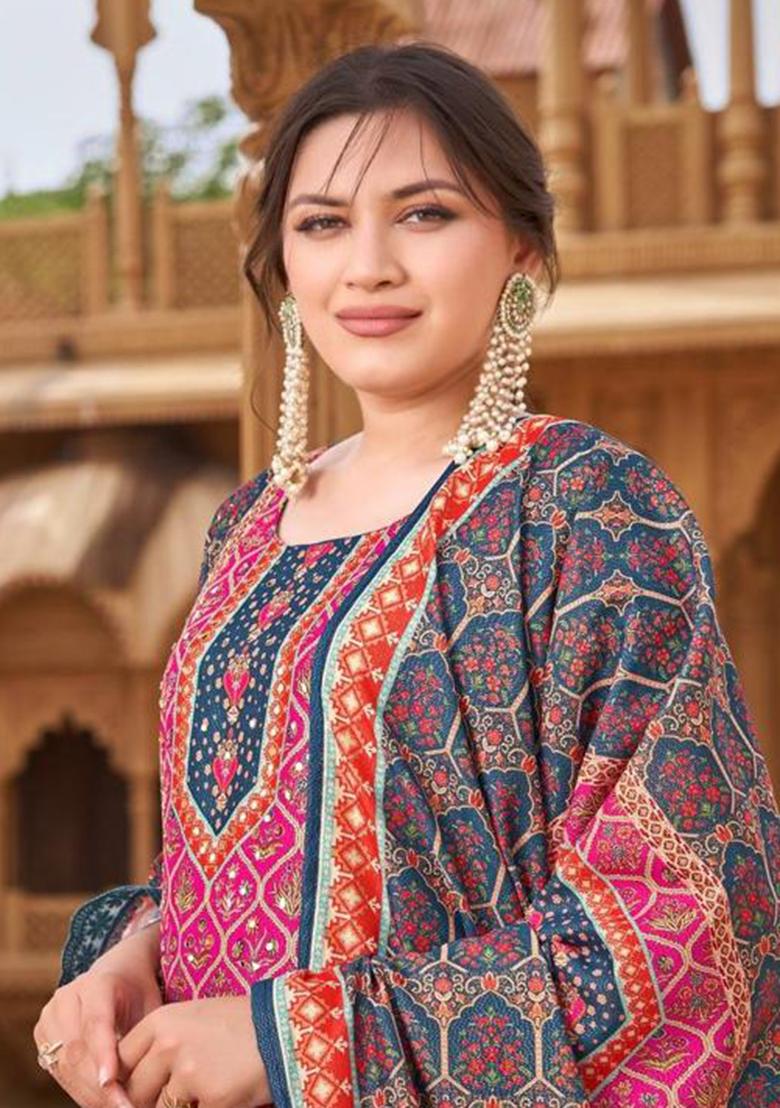 Navy Blue Mirror Work Muslin Kurta Set - Indya