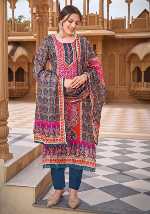 Navy Blue Mirror Work Muslin Kurta Set