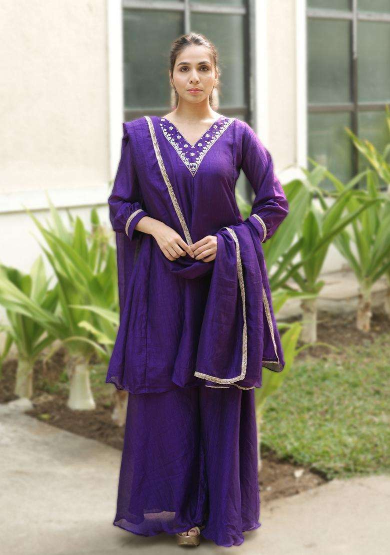 Purple Embroidered Silk Blend Sharara Set - Indya
