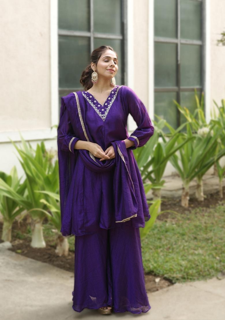 Purple Embroidery Silk Kurta Set - Indya