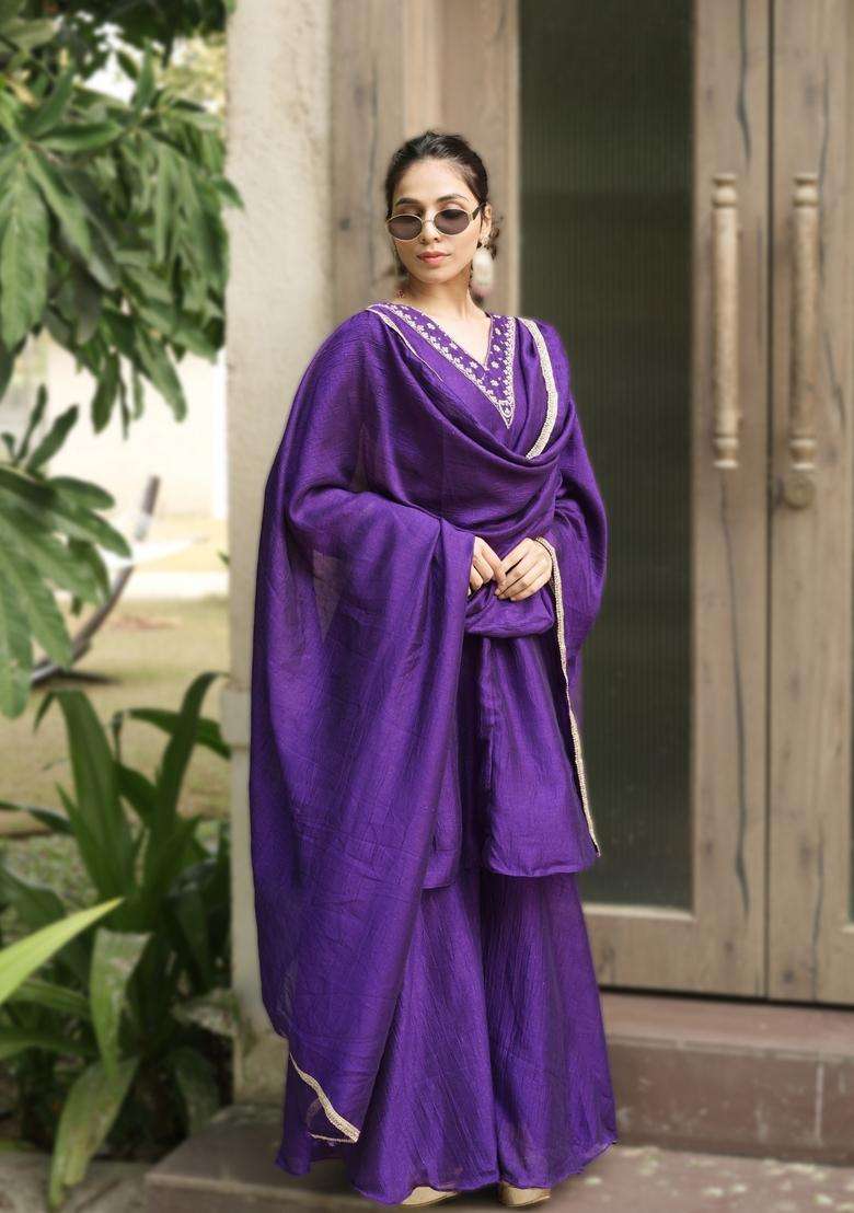 Purple Embroidered Silk Blend Sharara Set - Indya