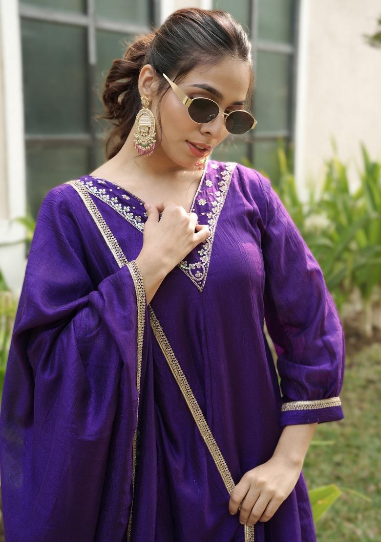 Purple Embroidery Silk Kurta Set - Indya