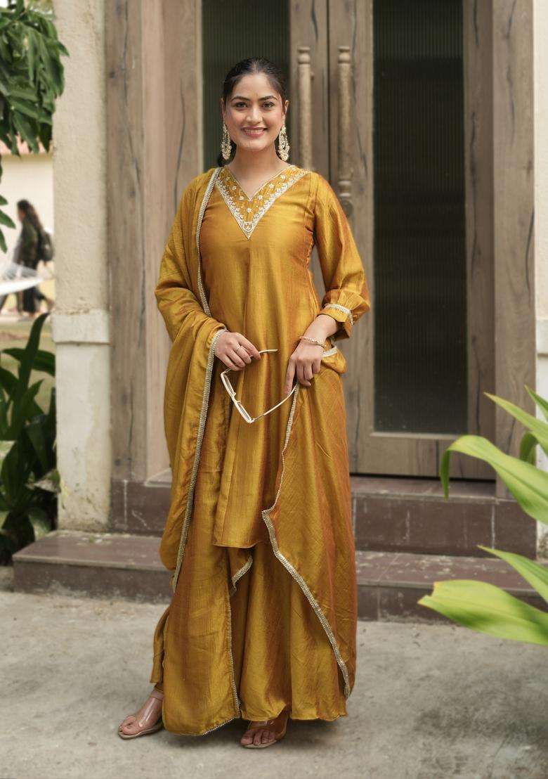 Mustard Embroidered Silk Blend Sharara Set - Indya