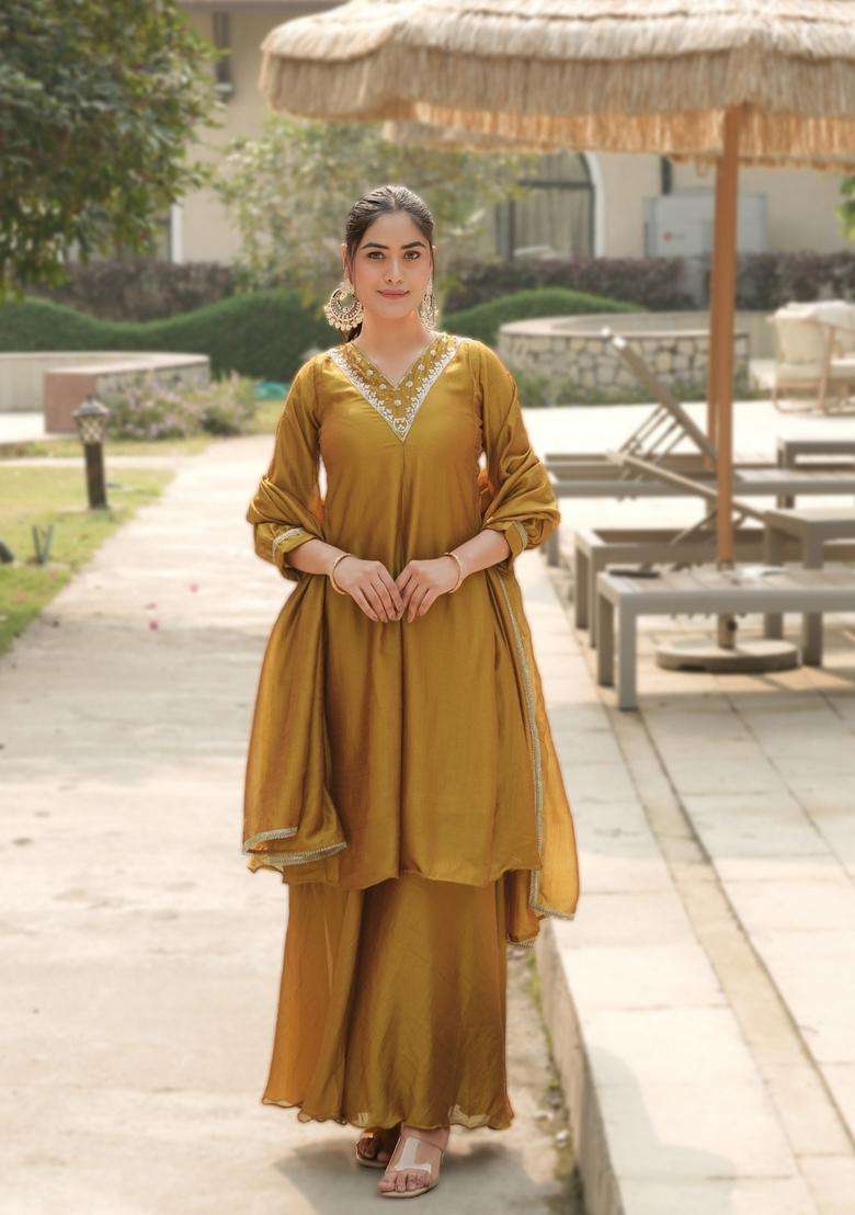 Mustard Embroidered Silk Blend Sharara Set - Indya