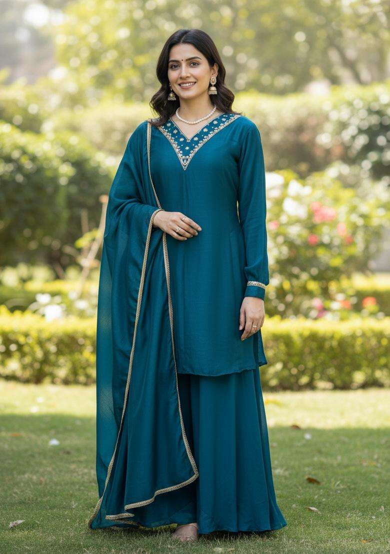 Morpeach Embroidered Silk Blend Sharara Set - Indya