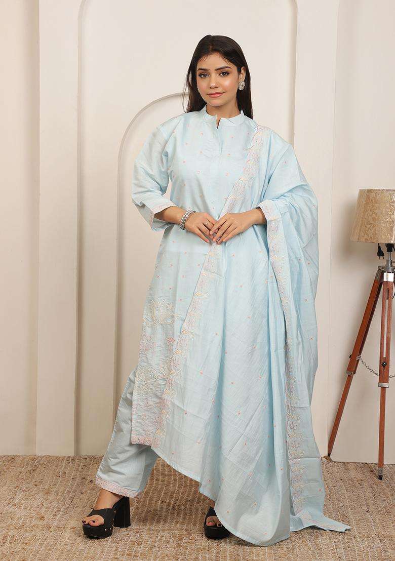 Ice Blue Chikankari Cotton Straight Kurta Set - Indya