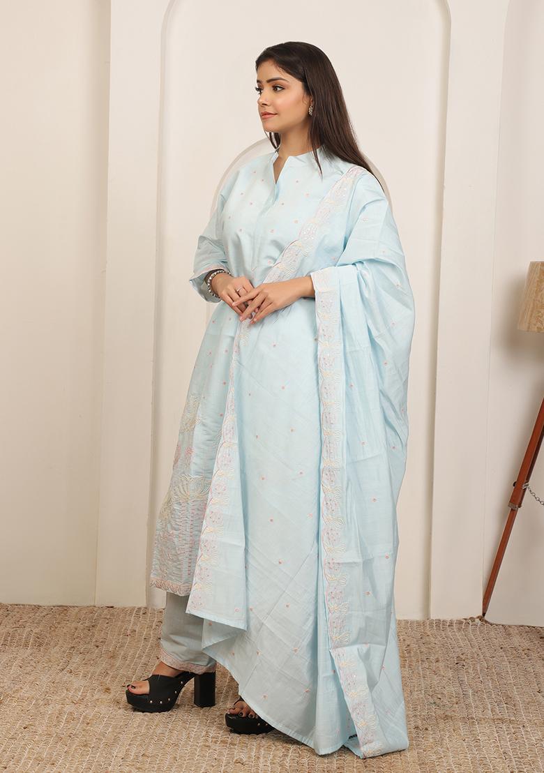 Ice Blue Embroidery Cotton Kurta Set - Indya