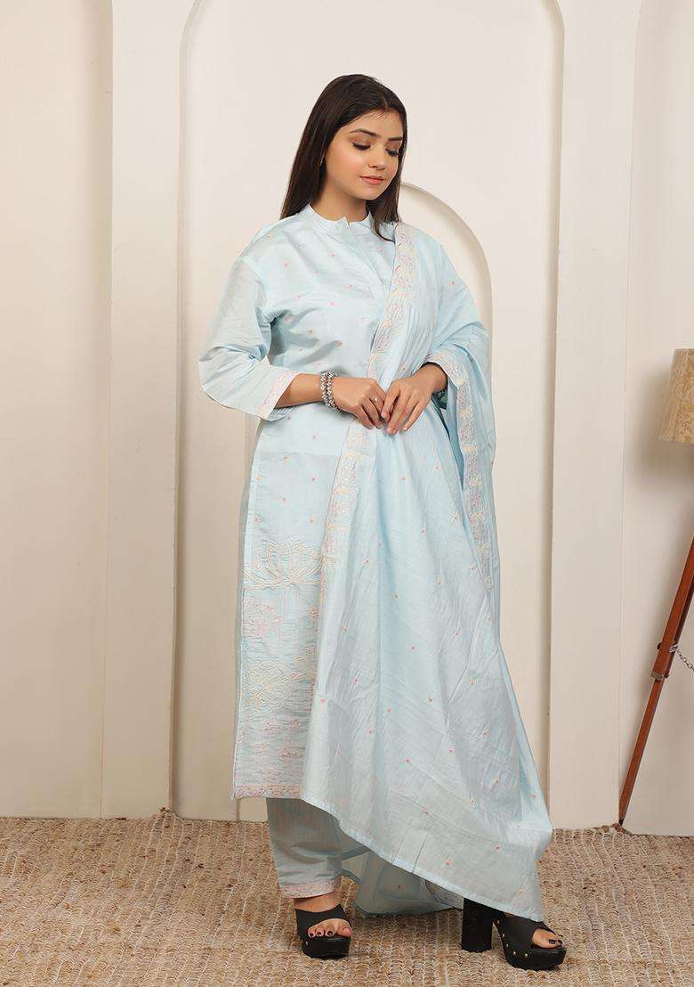 Ice Blue Chikankari Cotton Straight Kurta Set - Indya