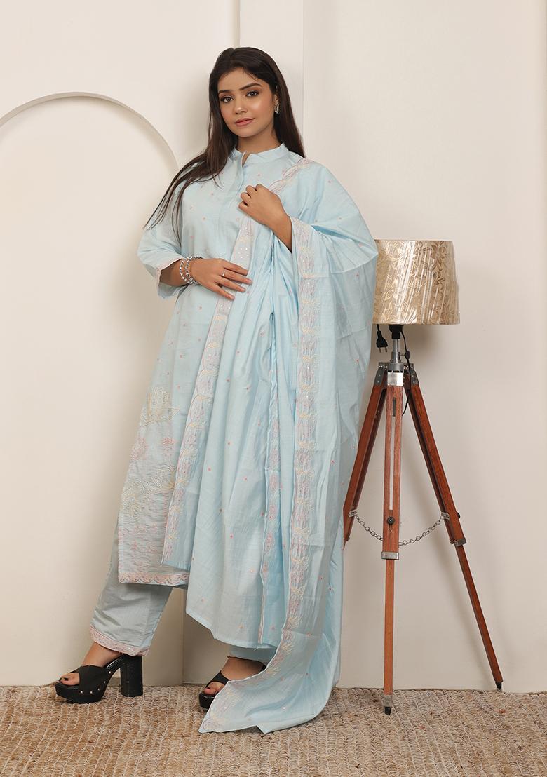 Ice Blue Embroidery Cotton Kurta Set - Indya