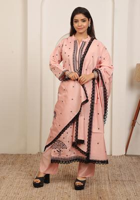 Peach Embroidery Cotton Kurta Set