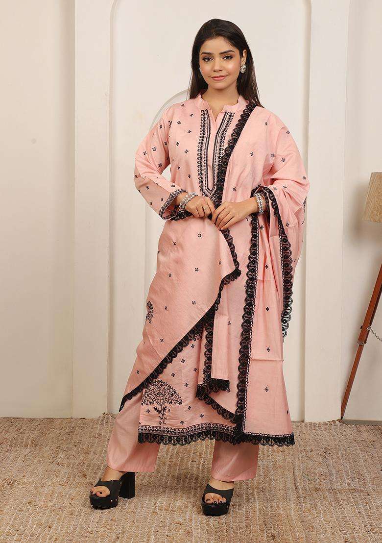 Peach Embroidered Cotton Straight Kurta Set - Indya