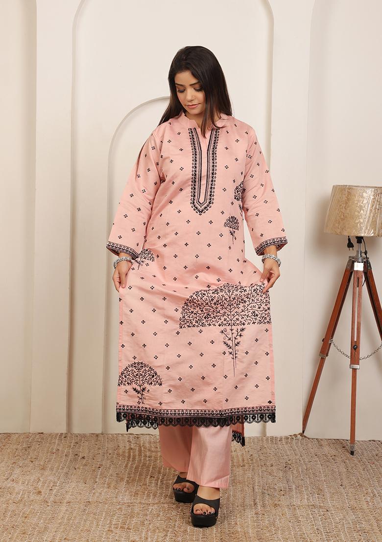 Peach Embroidery Cotton Kurta Set - Indya