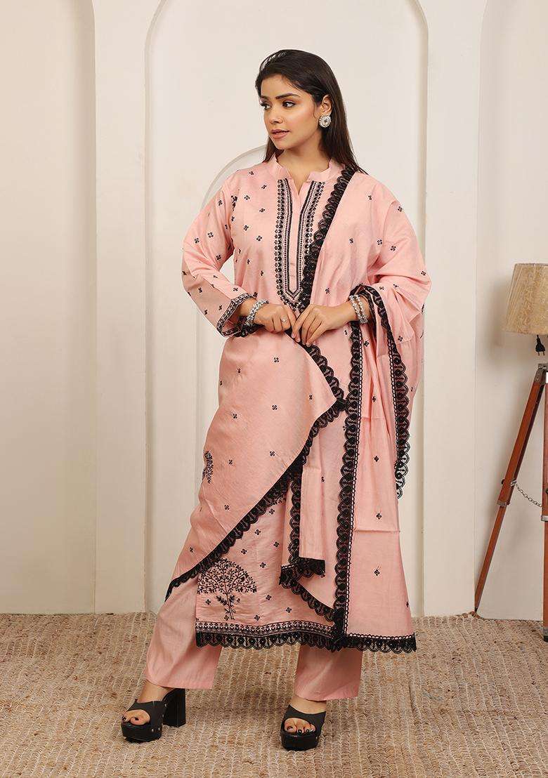 Peach Embroidered Cotton Straight Kurta Set - Indya