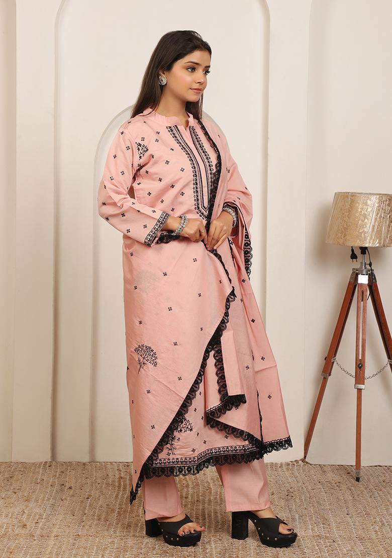 Peach Embroidery Cotton Kurta Set - Indya