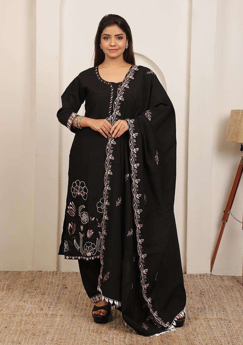 Black Embroidered Cotton Straight Kurta Set - Indya