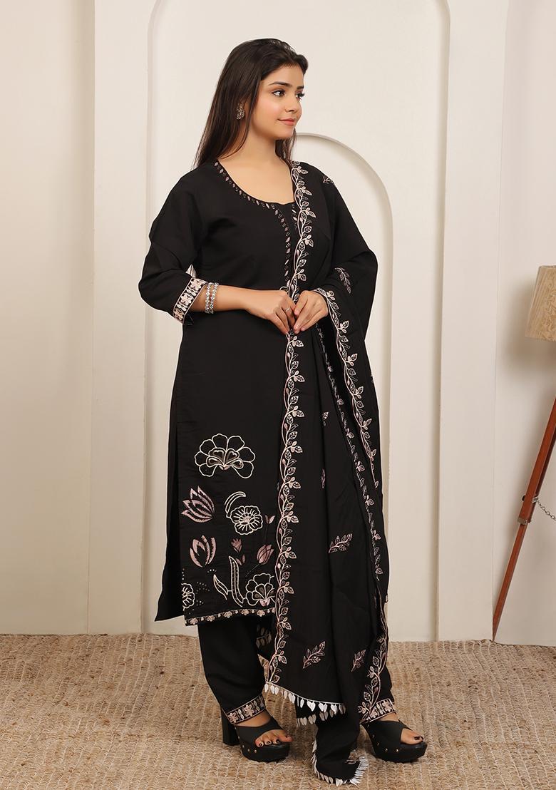 Black Embroidery Cotton Kurta Set - Indya