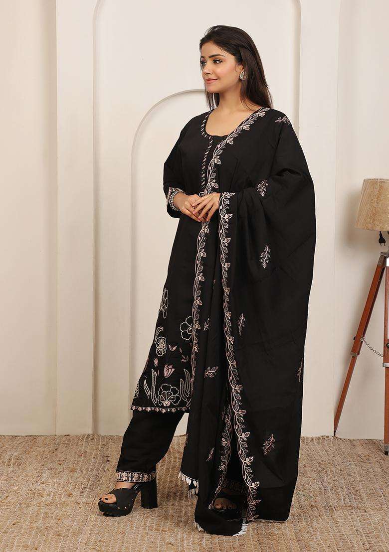 Black Embroidered Cotton Straight Kurta Set - Indya