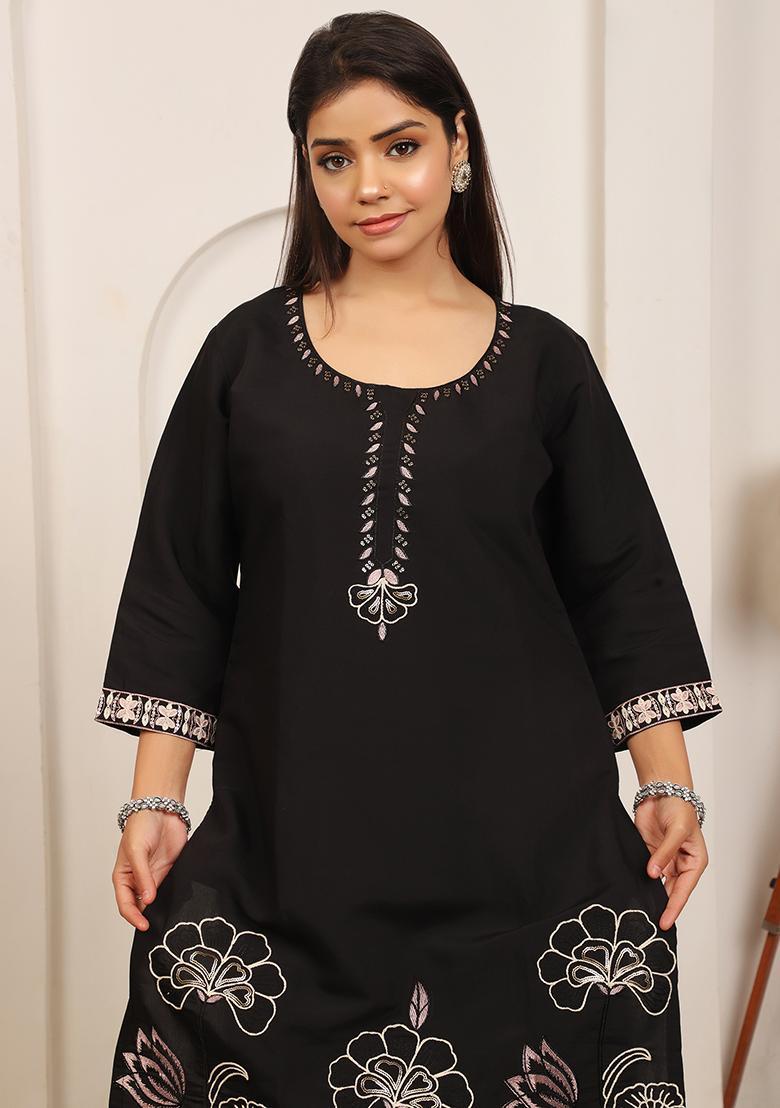 Black Embroidery Cotton Kurta Set - Indya