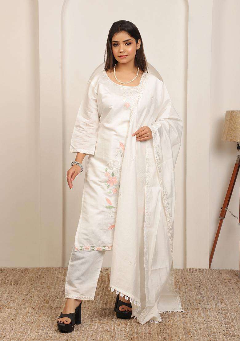 White Floral Print Cotton Straight Kurta Set - Indya