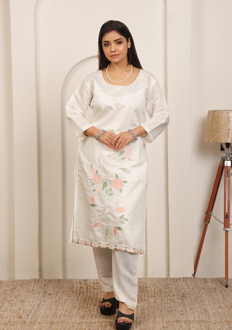 White Embroidery Cotton Kurta Set - Indya