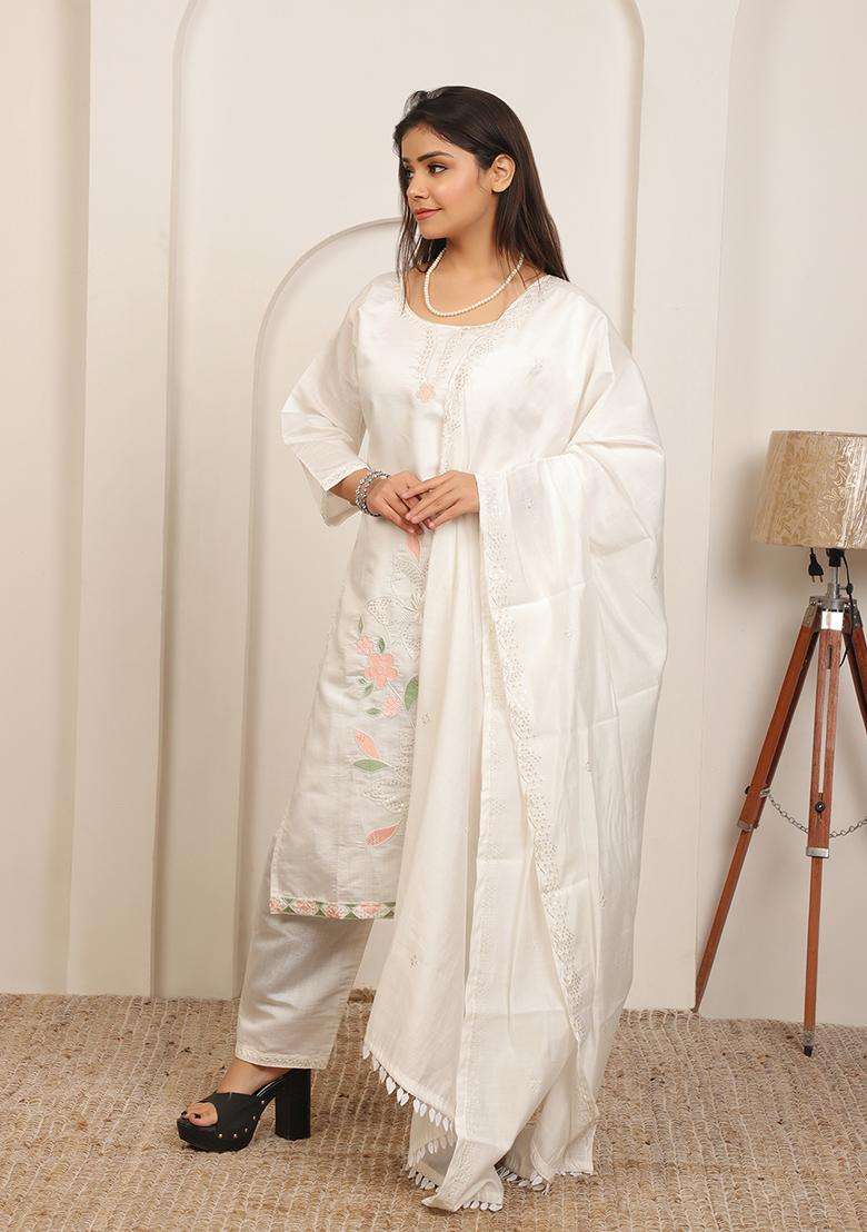 White Floral Print Cotton Straight Kurta Set - Indya