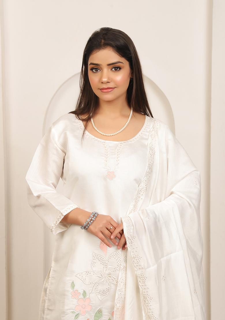 White Embroidery Cotton Kurta Set - Indya