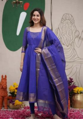 Blue Weaving Work Cotton Kurta With Dupatta