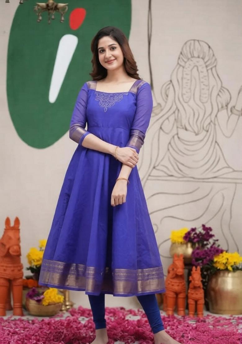 Blue Weaving Work Cotton Kurta With Dupatta - Indya