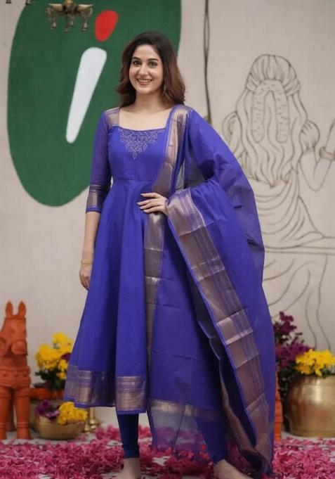 Blue Weaving Work Cotton Kurta With Dupatta