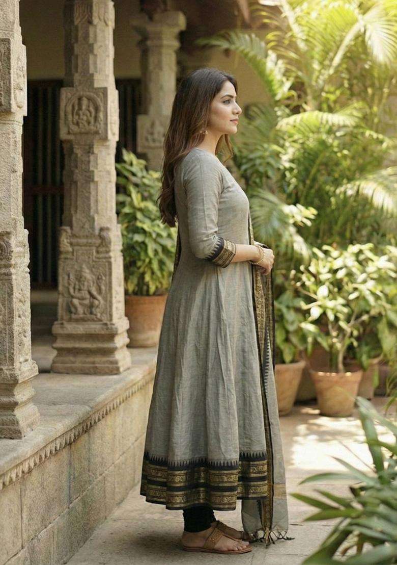 Cream Weaving Work Cotton Kurta With Dupatta - Indya