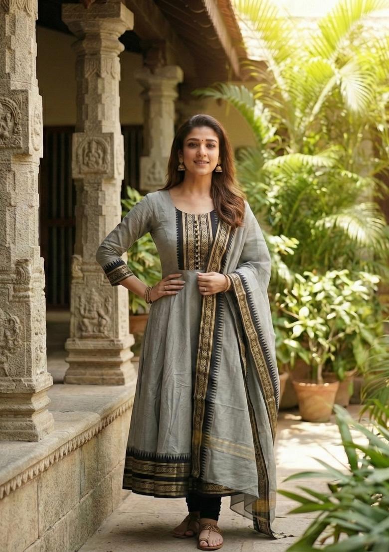 Cream Weaving Work Cotton Kurta With Dupatta - Indya