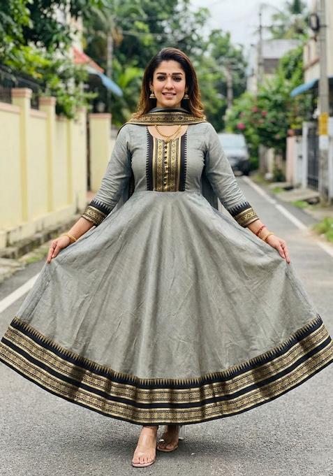 Cream Weaving Work Cotton Kurta With Dupatta