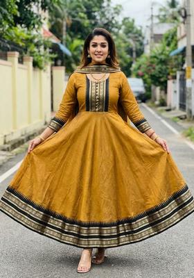Mustard Weaving Work Cotton Kurta With Dupatta