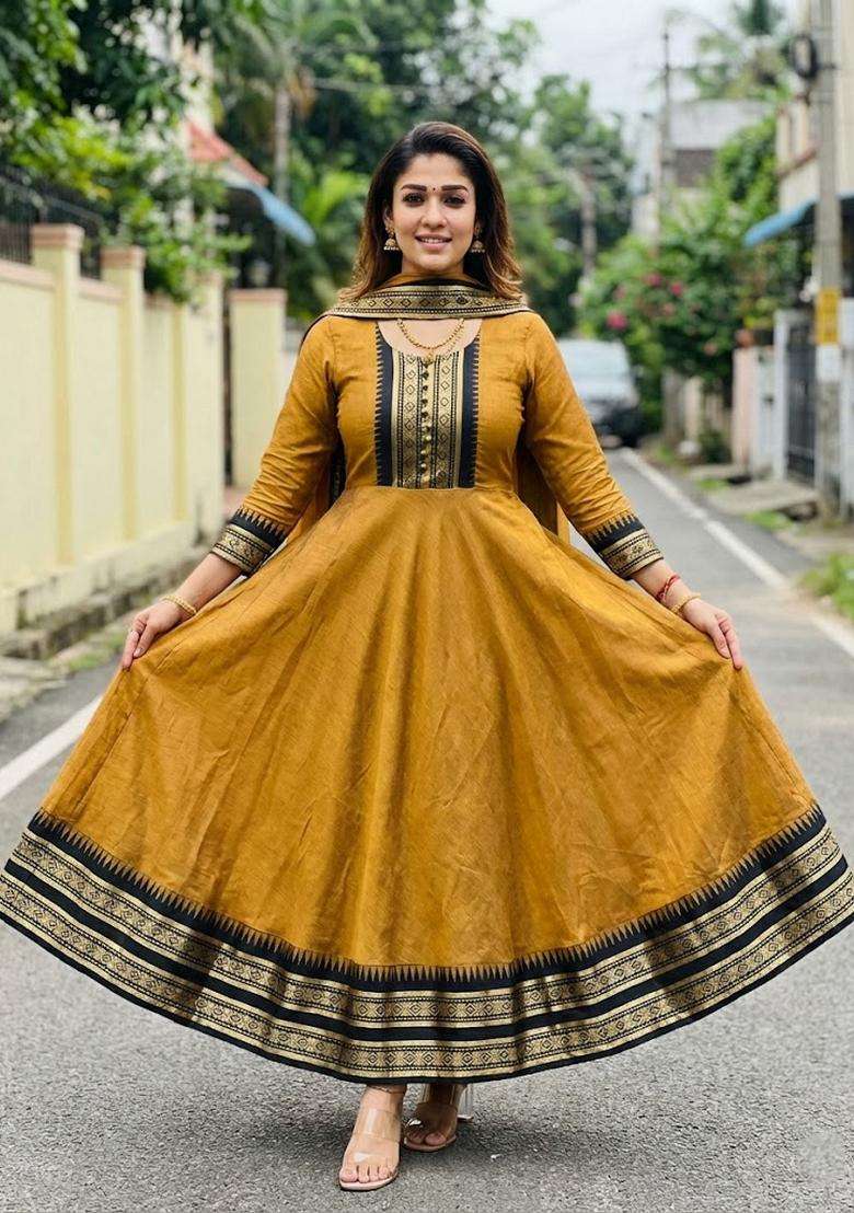 Mustard Weaving Work Cotton Kurta With Dupatta - Indya