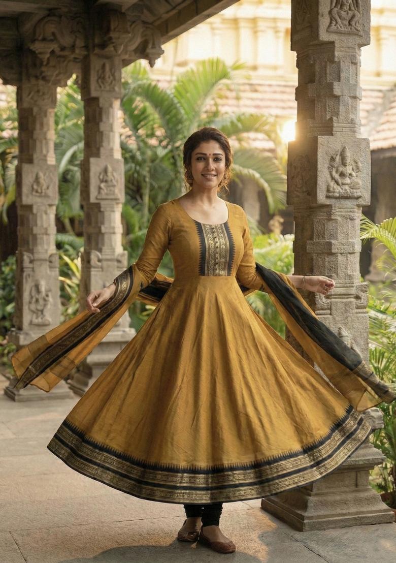 Mustard Weaving Work Cotton Kurta With Dupatta - Indya