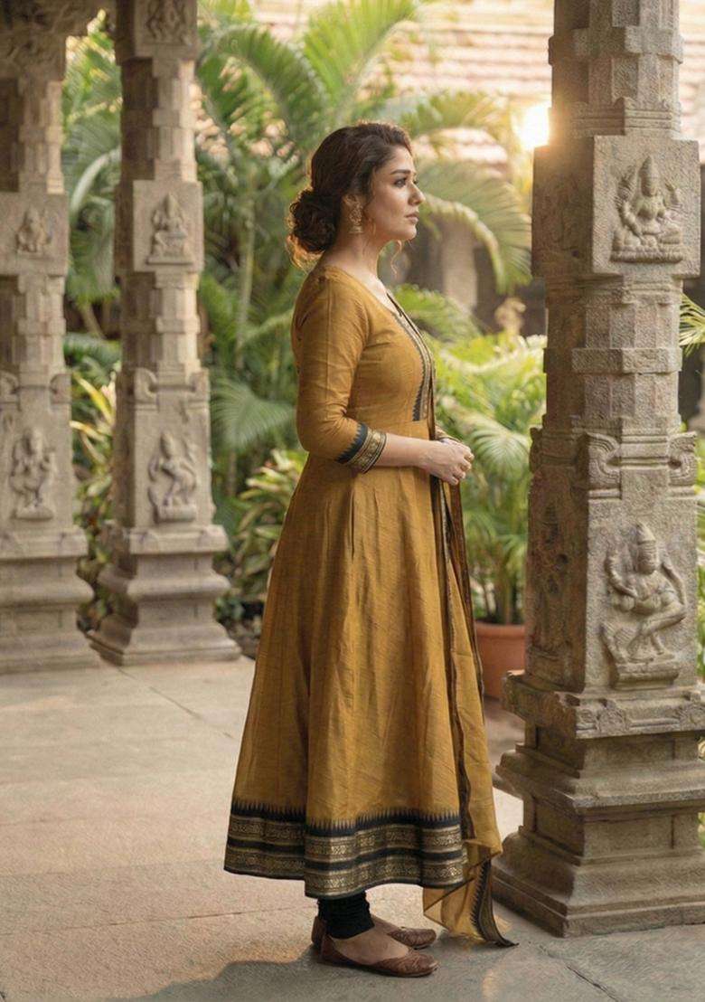 Mustard Weaving Work Cotton Kurta With Dupatta - Indya