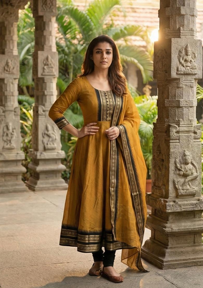 Mustard Weaving Work Cotton Kurta With Dupatta - Indya