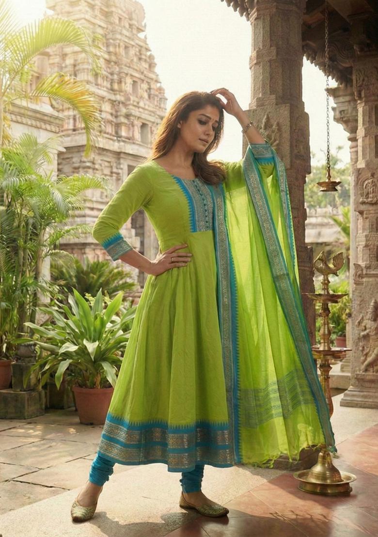 Parrot Weaving Work Cotton Kurta With Dupatta - Indya